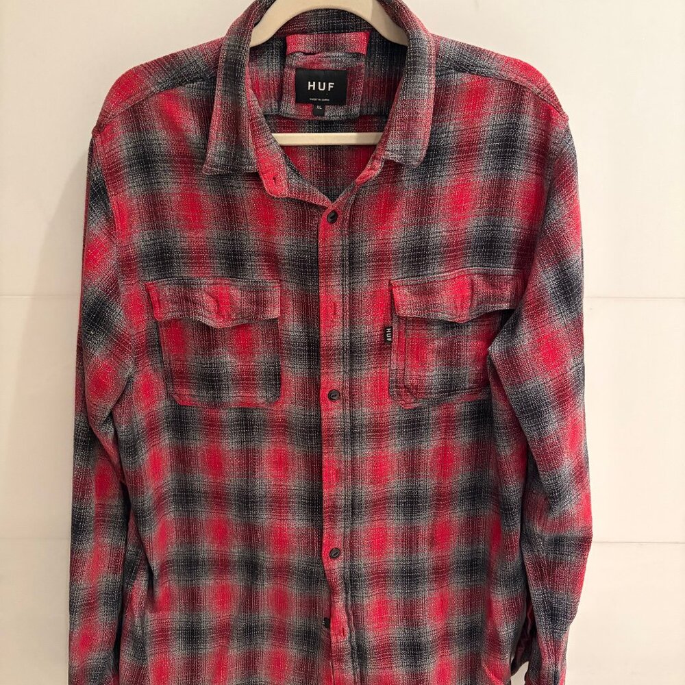 HUF Red Black Plaid Flannel Shirt XL Skate Streetwear